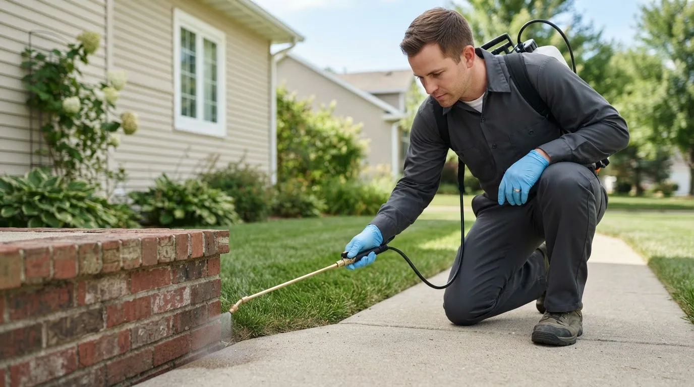 Pest control technician treating a home near Windham, OH